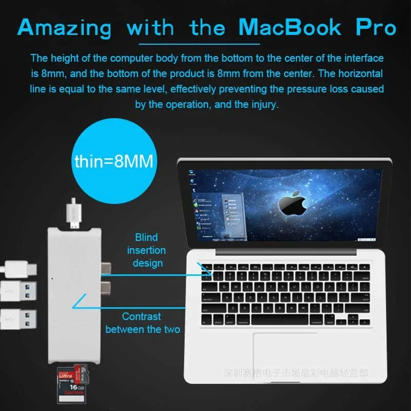 Basix usb type C концентратор двойной USB-C док-концентратор адаптер к HDMI 4k SD/TF кард-ридер, USB 3,0 комбо для MacBook Pro type C usb-концентратор