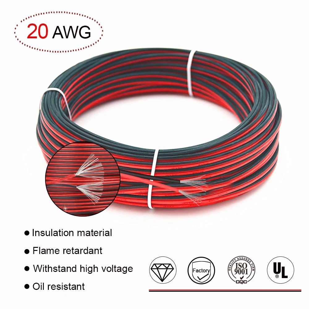 

VEENY Extension Cable Wire 66ft 20m 20AWG 300V AC Cable Wire for 3528/2835/5050 LED Light Strip Single Color
