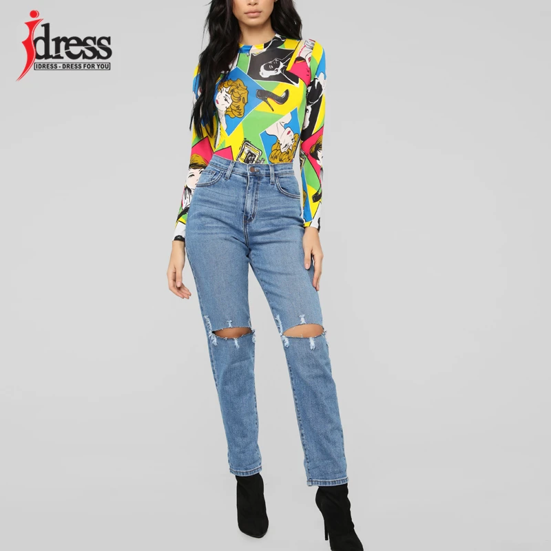 IDress Novelty Colorful Character Human Face Print Bodysuit Sexy Women Bondycon Jumpsuit Long Sleeve Autumn Rompers Playsuit