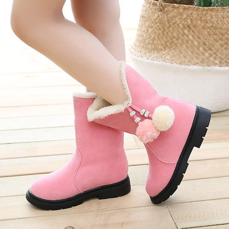 Spring Winter Flat Princess Boots Mid-calf Pom Decorate Casual Children's Footwear Red Students Shoes Kids Flock Leather |