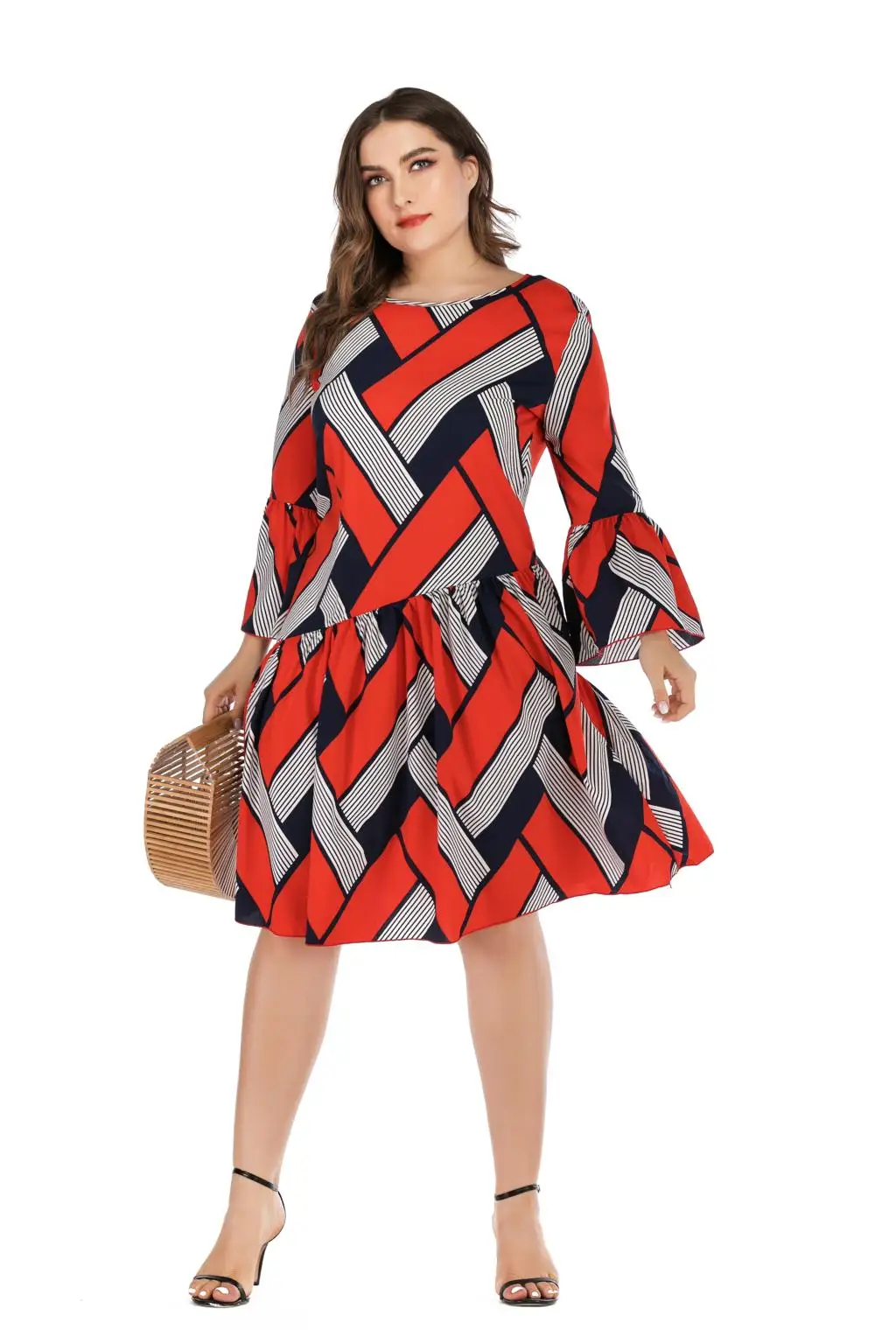 5XL размера плюс Повседневное платье женское с длинным рукавом клетчатое Полосатое платье средней длины в стиле пэчворк красное женское туника с оборками пляжные платья