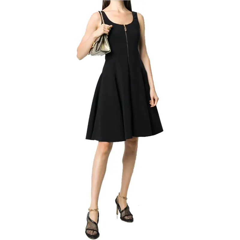 

Summer 2021 Women Sundress U-neck Sleeveless Front Zipper Sexy Pleated Female Dresses Black High Waist Chic Casual Vestidos