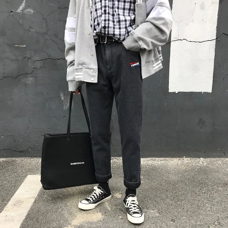 Liketkit Новые повседневные джинсы мужские однотонные флисовые плотные джинсовые штаны Мужские Винтажные узкие брюки Корейская уличная одежда зимние черные джинсы