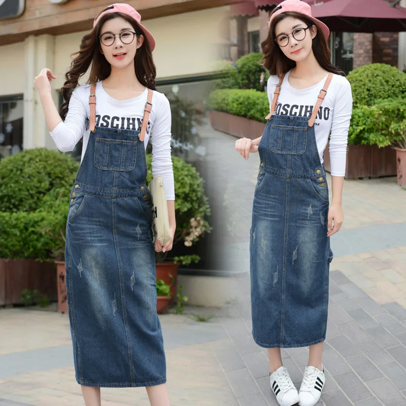 

New Style Korean-style Western Style Back Slit Long Cowboy Suspender Strap Dress