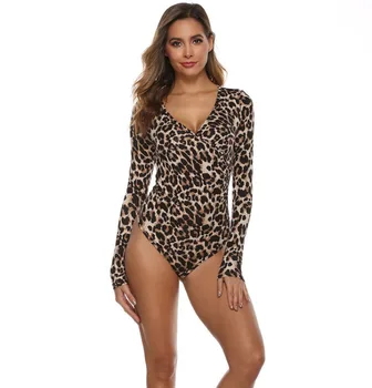 

2020 Newest Hot Women Leopard Snakeskin Printed Jumpsuit Long Sleeve Deep V Neck Bodycon Romper Clubwear Bodysuit