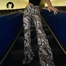 INGOO Retro Straight Flare Long Pants Women Y2K Brown Abstract Printed High Waist Trousers Fashion Casual Vintage Street Outfits