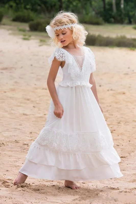 Богемное белое платье с цветочным узором для девочек, Пляжное свадебное платье, пышное платье трапециевидной формы, детское кружевное платье с v-образным вырезом, платье для первого причастия