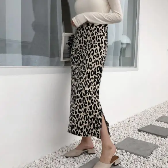 Миди юбка с животным принтом, Женская Мягкая шерстяная юбка с высокой талией и разрезом по бокам, леопардовая облегающая трикотажная миди юбка DV770