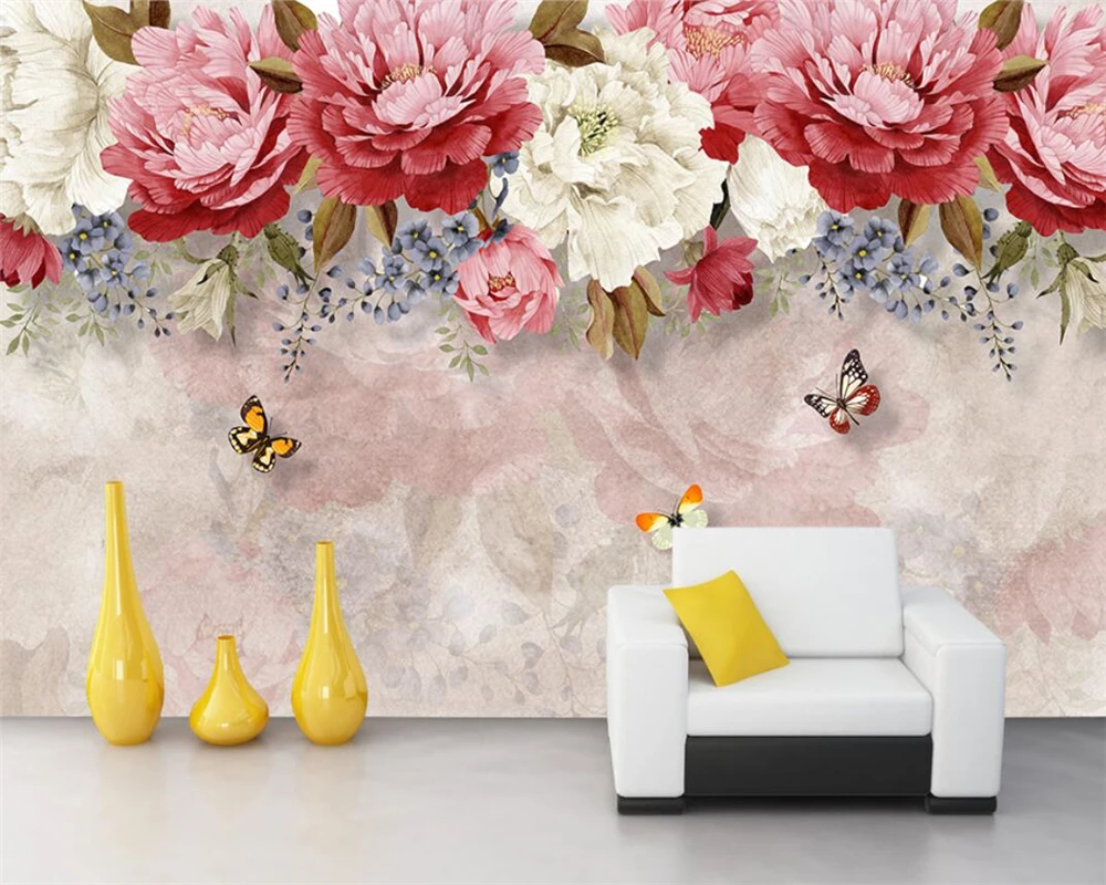 

Custom size wallpaper hand-painted peony flowers butterfly background wall Mural home decoration relief canvas 3D Wallpaper