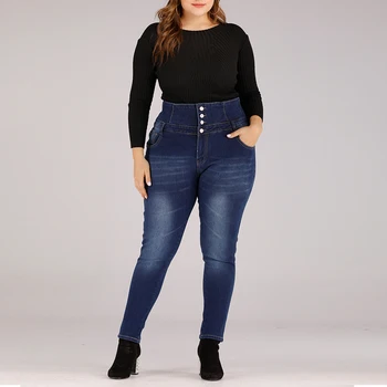 

XL-4XL Plus Size High Waist Jeans Woman Washed Blue Women Skinny Denim Pants Trousers Lady Vintage Buttons Full Length Jeans D25