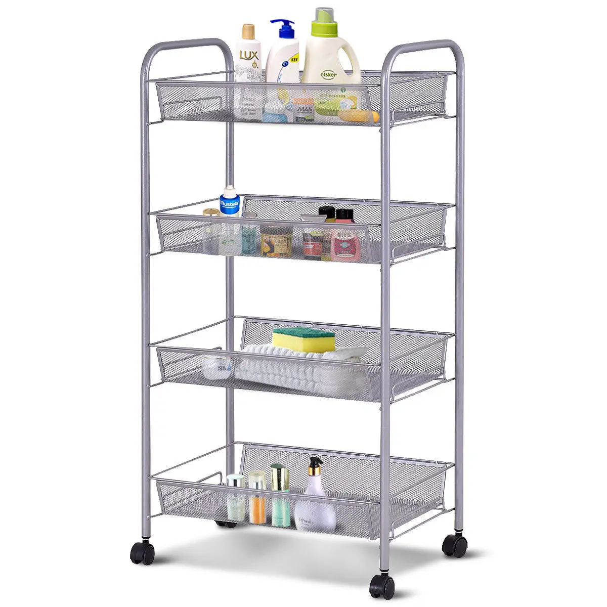 Kitchen and Bathroom COSTWAY 4-Tier Folding Trolley Cart Organiser Serving Shelf Utility Organization Storage Shelving Rack for Home Max Load 20kg Each Stage
