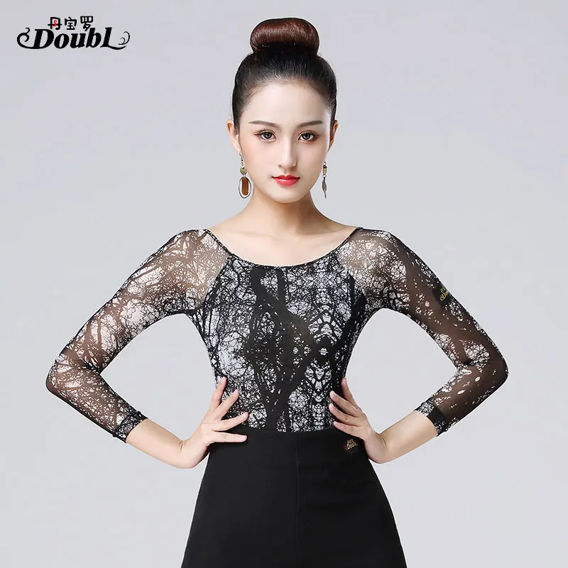 DOUBL One-piece Top Set Female Adults Latin Dance Top Modern Long Sleeve Practice Dance Practise Tops for Women UpperClothing