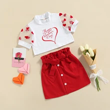 FOCUSNORM-Conjuntos de ropa para niñas pequeñas de 2 a 7 años, camisetas de manga abombada de malla con letras de corazón + falda con lazo