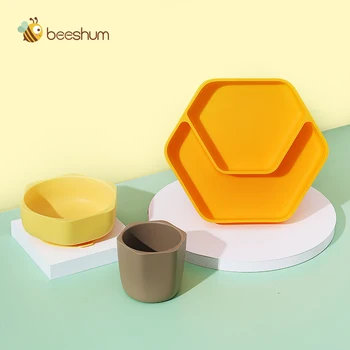 

Beeshum 3 IN 1 Baby Bowl Feeding Sets Dinnerwar Silicone Plate Tableware Beehive Bowls For Boys Kids Bottle Baby Gadgets Sets
