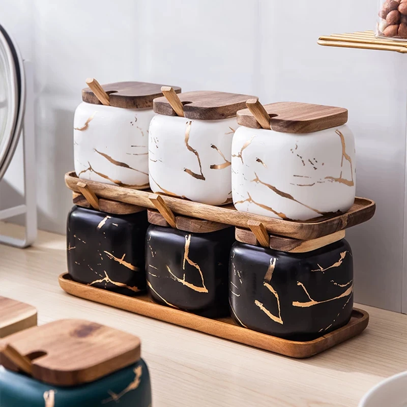 Spice Jar Set Marble Ceramic Seasoning Pot For Kitchen Container Accessories Seasoning Rack Salt Sugar Pepper Shaker Storage Box