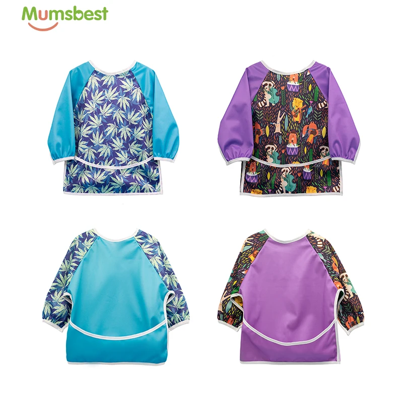 

[Mumsbest] 2Pcs Waterproof Baby Pinafore Long Sleeved Washable Baby Bib Toddler Antifouling Bib Smock Apron Cute Printed