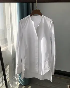 

Arc Hem Women Cotton Loose Shirt Casual Simple Long Sleeve White Blouse Top