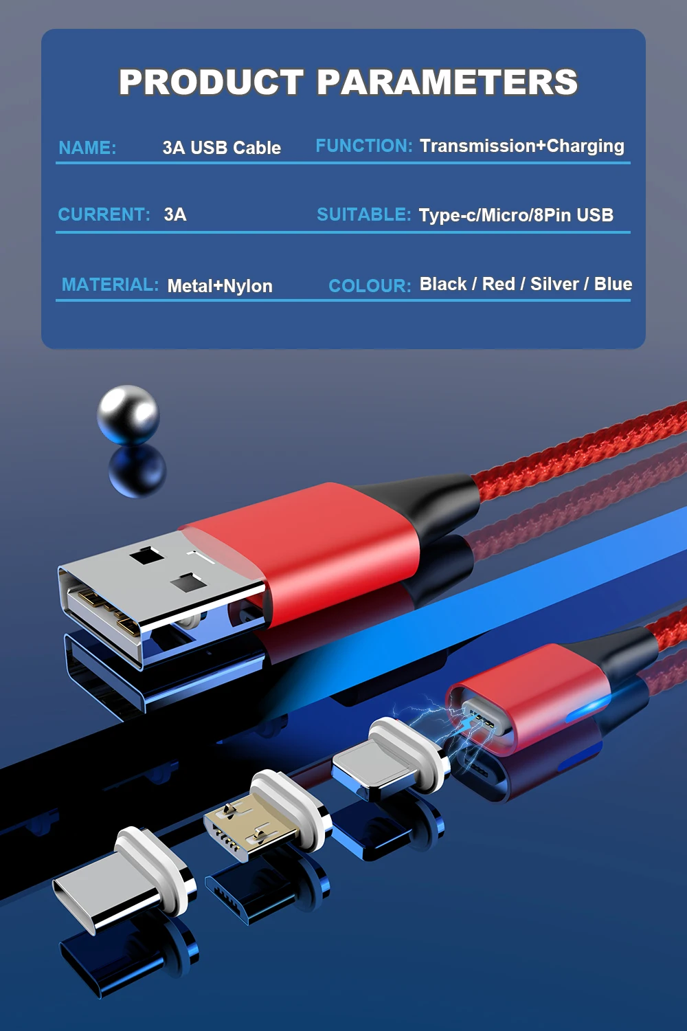 Магнитный кабель Vanniso 2m 3A type-C для быстрой зарядки samsung, кабель Micro USB для Xiaomi huawei iphone 11, магнитный кабель USB для зарядки