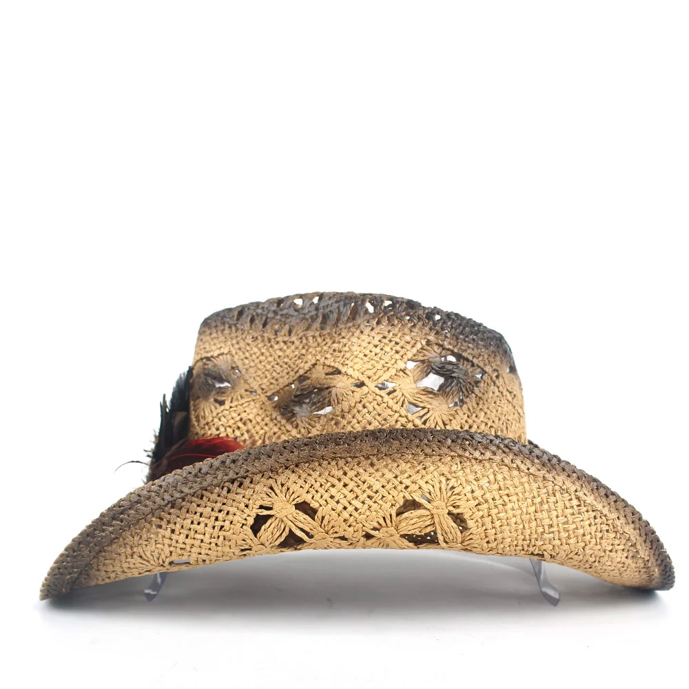 Ручная работа женская Соломенная западная ковбойская шляпа летняя женская пляжная перьевая Соломенная Панама Cowgirl Jazz Sun cap