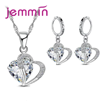

Hot CZ Hollow Love Heart Pendant Necklace Earrings Female 925 Sterling Silver Jewelry Sets For Xmas Gift