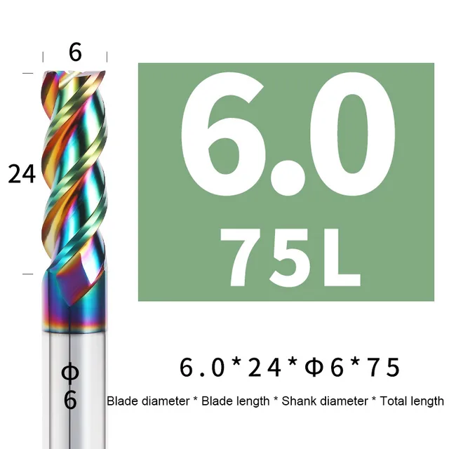 Colorful End Mill Aluminium HRC55 3F Milling Cutter Acrylic Wood Copper Plastic Cutting Tool CNC Maching Milling Tools Endmils 6X25XD6X75L