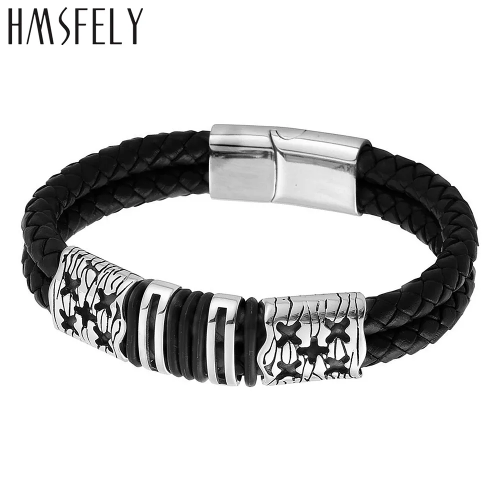 

HMSFELY Punk Men Jewelry Black/Brown Braided Leather Bracelet Stainless Steel Cross Pattern Magnetic Clasp Fashion Bangles