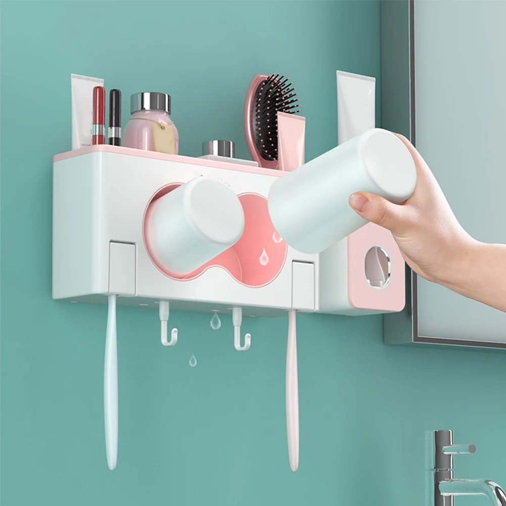 

Automatic Wall Stand Shelf Bathroom Kitchen Organizer 2 Racks Toothpaste Dispenser Dust-Proof Toothbrush Holder With Cups