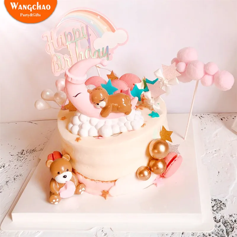 Decoration De Gateau En Resine Ours Dormant Lune Joyeux Anniversaire Fete Prenatale Pour Garcons Et Filles Cadeaux Pour Enfants Aliexpress