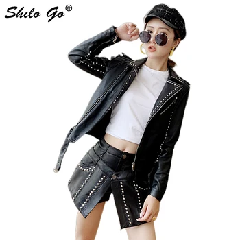 

Genuine Leather Jacket Highstreet Rivets Detail Notched Neck Buckle Belted Zip Jacket Coats Women Autumn Moto Solid Slim Outwear