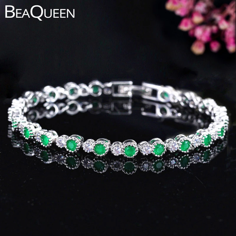 BeaQueen, 925 пробы, серебро, Круглый, форма короны, натуральный зеленый, белый, кубический цирконий, установка, теннисные браслеты для женщин, B105