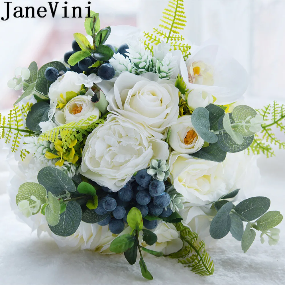 JaneVini, винтажный свадебный букет, белая слоновая кость, роза, зеленые листья, держатель для невесты, цветочный садовый Свадебный букет De Fleur