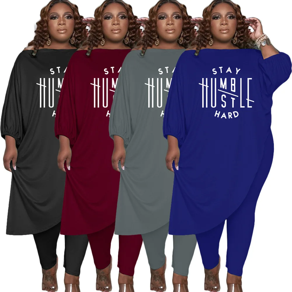 Zaggin 2021 Autumn Hot Women Letter Offset Off-Shoulder Suit Casual Half Sleeve Loose Long Tops Pencil Pants 2-pieces Sets |