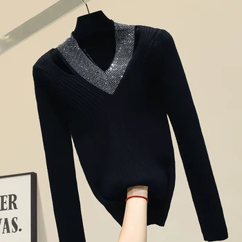 

Autumn Sweater Women's New Thick Hot Drilling Knitted Shirt Outfit V Neck Stretch Sweater Bodycon Sweter Jumper Femme Nancylim