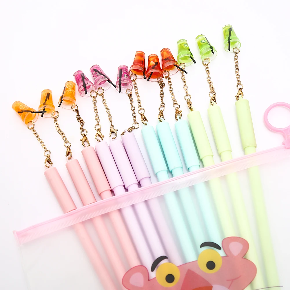 12 шт./компл. корейский Кубок фрукты гелевая ручка с подвеской Kawaii Новинка Украшение Стола Аксессуар канцелярские школьные Карандаш Чехол сумка стационарный
