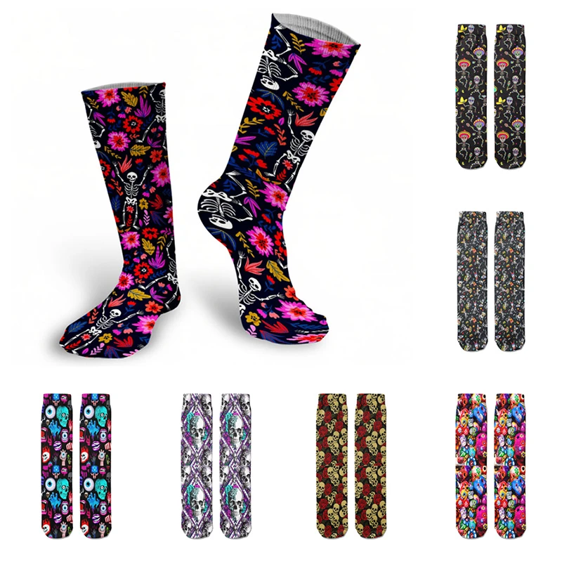 wool socks women Punk Floral Compression Cotton Socks Skull Colorful Skateboard Socks Unisex Women Medium Tube Socks Autumn Winter Warm Socks crew socks women