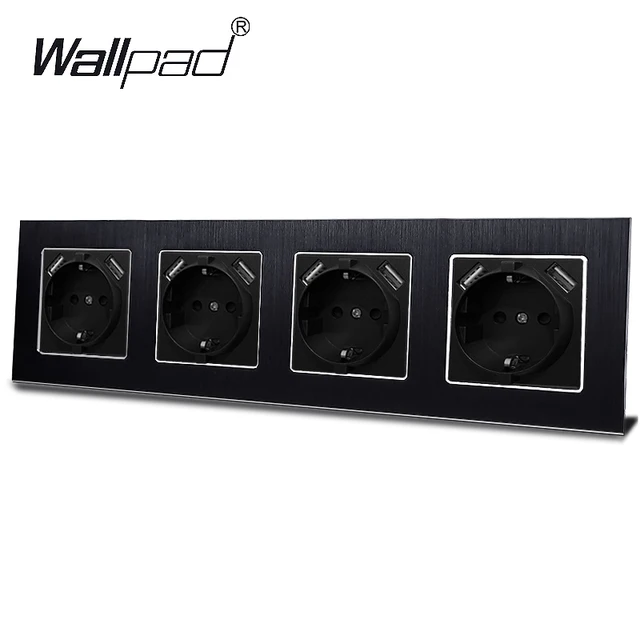 Double EU Schuko Power Socket with Double USB Charging Ports 5.1DC 2.1A For EU Round Box Wallpad 156*86mm EU Outlet with USB 4 Black Metal