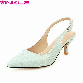 

VINLLE 2020 Pointed Toe Back Strap Buckle Ladies Shoes Thin High Heel Summer Sandals PU Leather Slingback Women Pumps Size 34-43