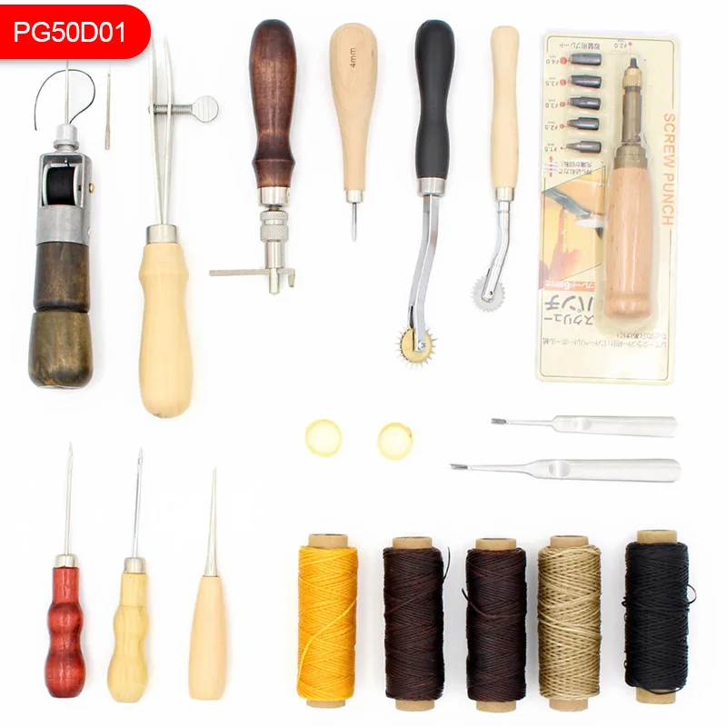 PG50D01 19 Pcs Набор для шитья из кожи, краевая складка с ударом, плоская Вощеная линия, Прошитый Гровер, Алмазный конус, набор конусов для ручного шитья - Цвет: PG50D01 19 Pcs