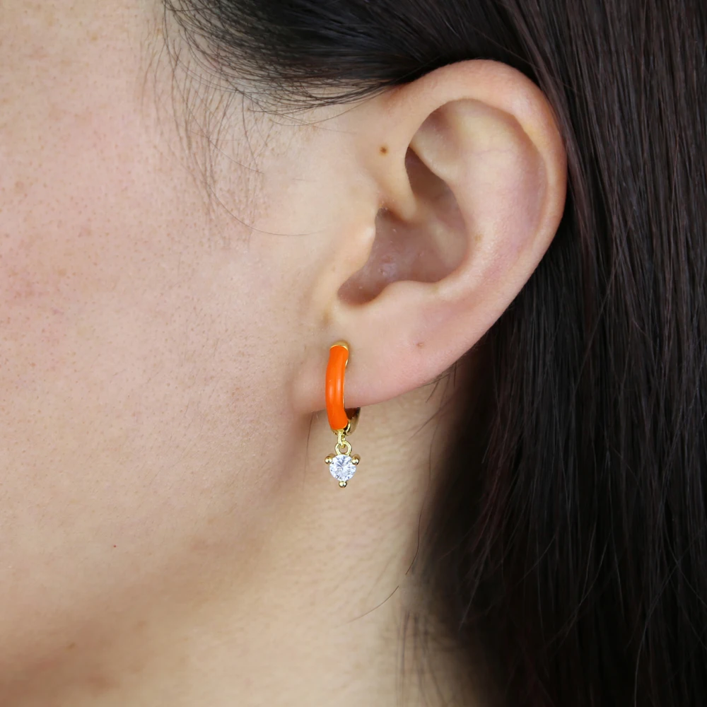 Candy Enamel Colorful Fashion Women Jewelry Neon Circle Prong Set White CZ Dangle Drop Earring