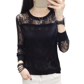 

Women Simple Spring Autumn Long Sleeve Knit Stitching Embroidery Lace Cute Loose Round Collar Sweater Newest