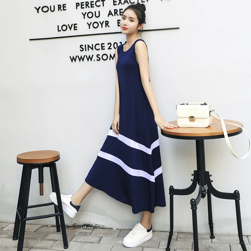 navyblue Модальная длинная ночная рубашка, Женская хлопковая Ночная рубашка без рукавов, мягкая Корейская Милая однотонная Пижама, пижама, Повседневное платье - Цвет: navyblue