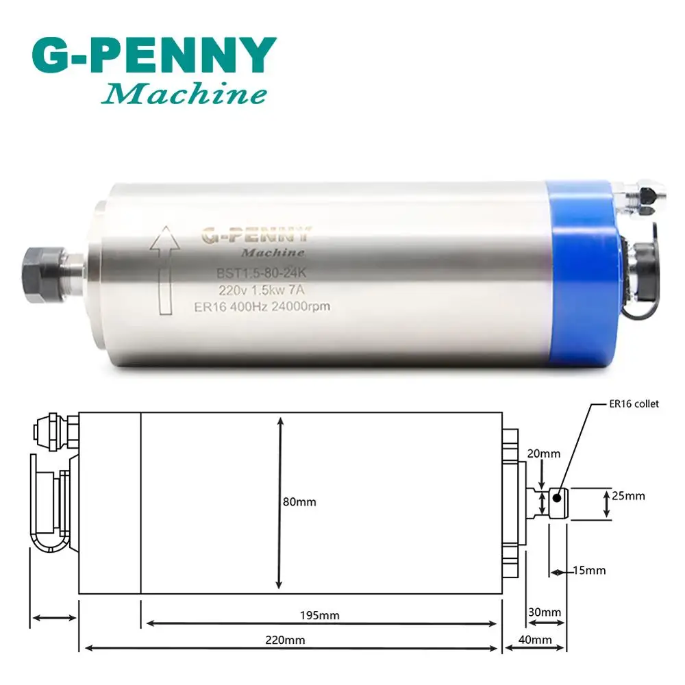 G PENNY 220 кВт ER16 Удлинительный электродвигатель шпинделя с водяным охлаждением 400 В