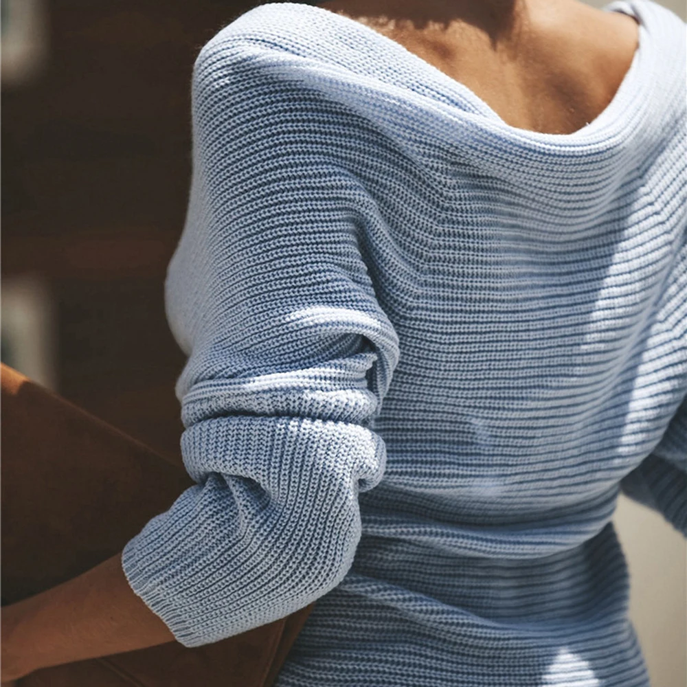 Женские свитера с открытыми плечами, сплошной цвет, длинный рукав, вязаный пуловер, свитер, зимние сексуальные свободные джемперы с глубоким v-образным вырезом, Sueter Mujer