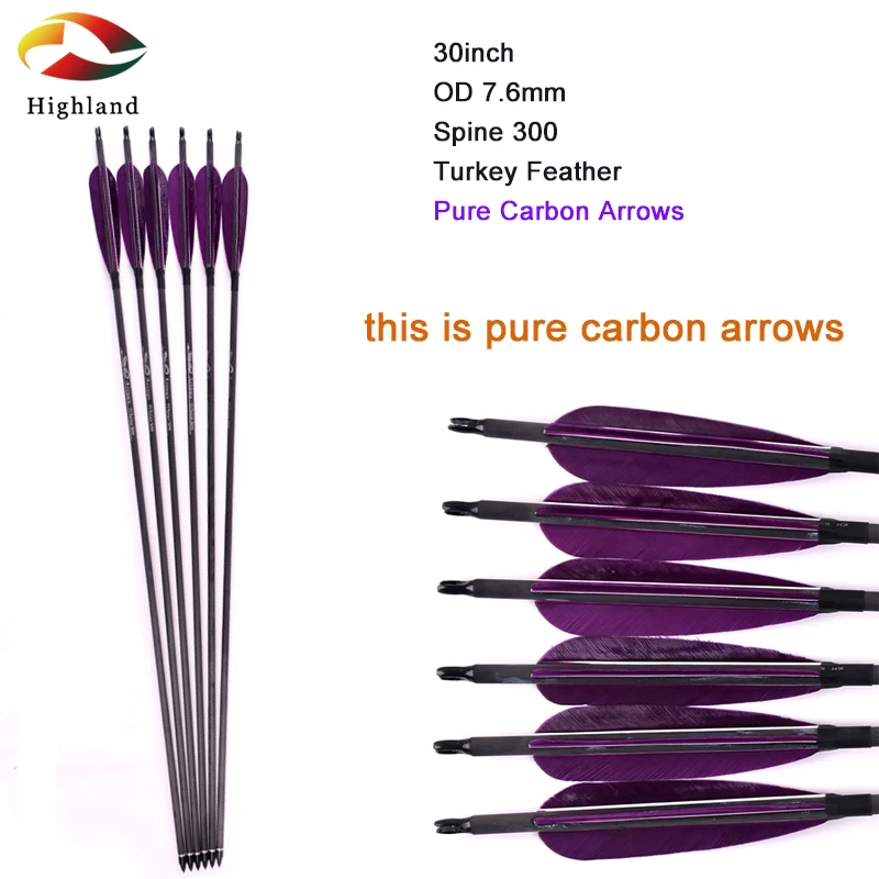 

6PCS 30 inch Pure Carbon Arrows Turkey Real Feather for 30-80lb Spine 300 OD 7.6mm Compound Bow Hunting Arrows