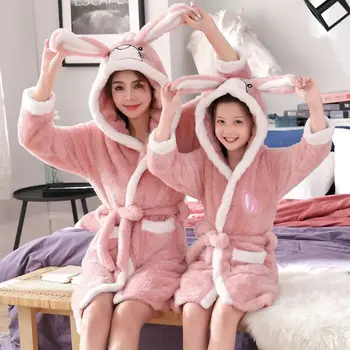 

Mother Girls Cartoon Warm Pajamas Bathrobes Mommy and Me Clothes Christmas PJs Matching girl women Gown Night Robes