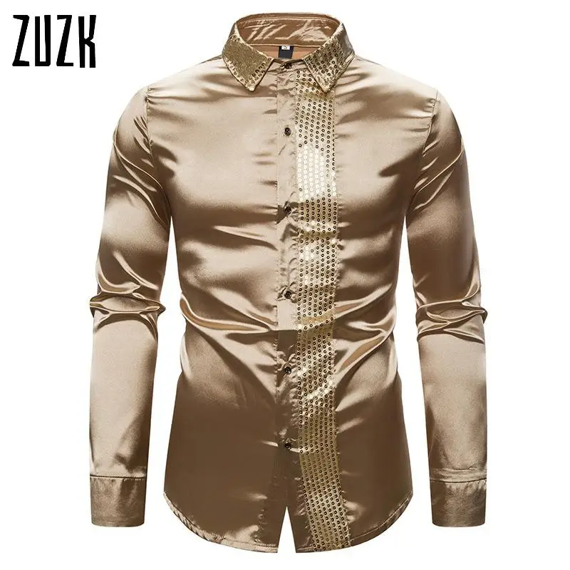 Новинка блестящая шелковая мужская рубашка ZUZK с золотыми блестками в стиле