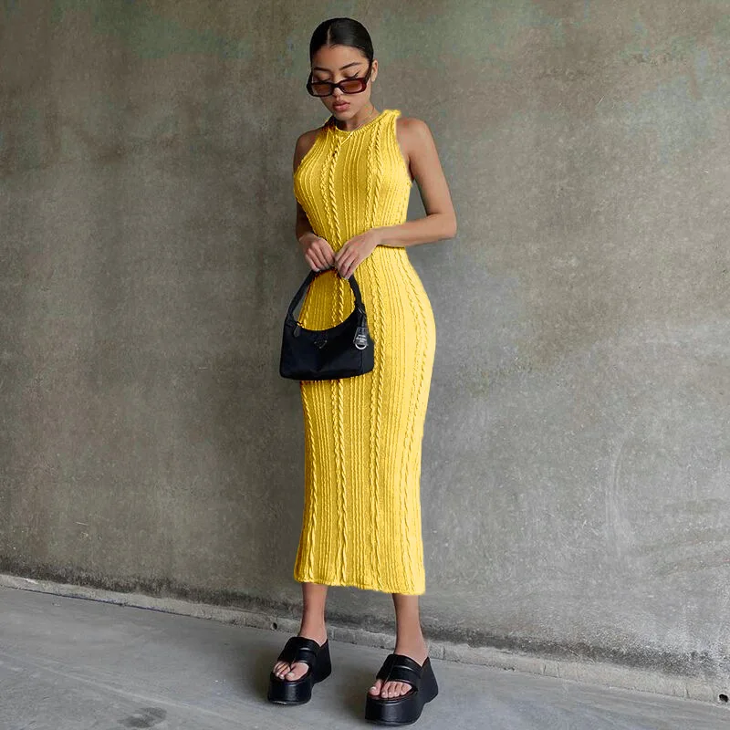 New Summer Solid Color Knitted Sleeveless Round Neck Dress Women Outfits Streetwear Clubwear Casual Urban Bodycon Tank Dresses