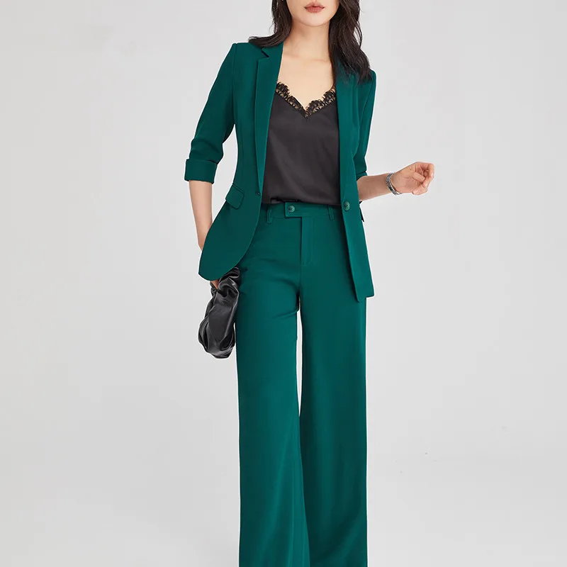 

Women Suits Office Lady Two Pieces Sets Green Elegant Single Button Turn-down Collar Blazers And Full Length Trousers