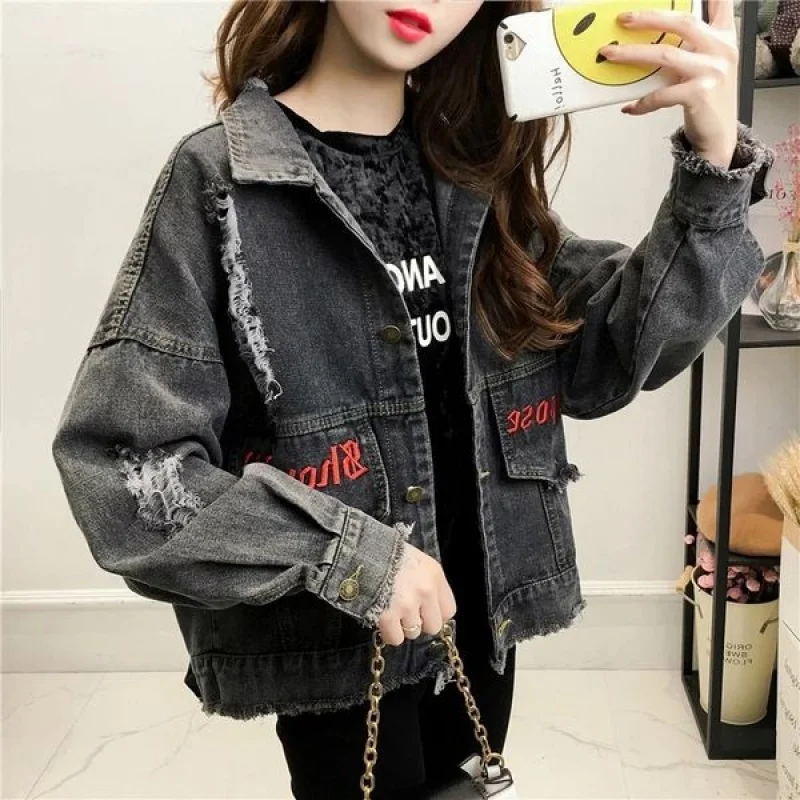 price reduction  Woherb Harajuku Womens Denim Jackets and Coats 2020 Vintage Ripped Frayed Black Jeans Jacket Letter