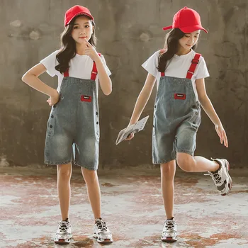 

Summer Overalls Suits 8 10 years Girls White Tops Denim Jumpsuits Two-Piece Clothing Set Teenage Girls Outfit